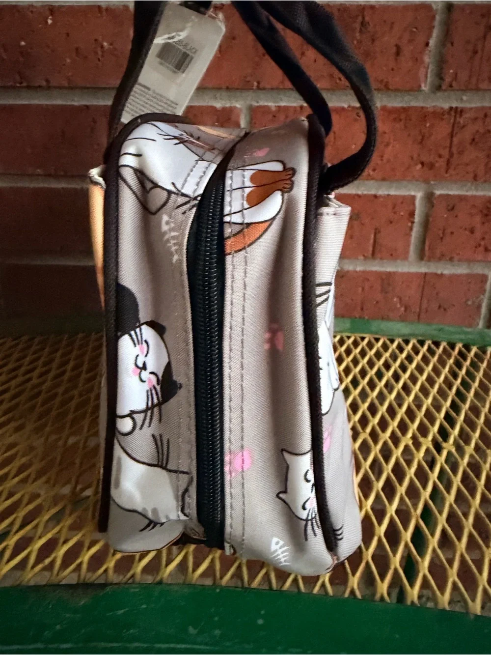 Kids Beige Cat-Print Insulated Lunch Bag with Black Handles